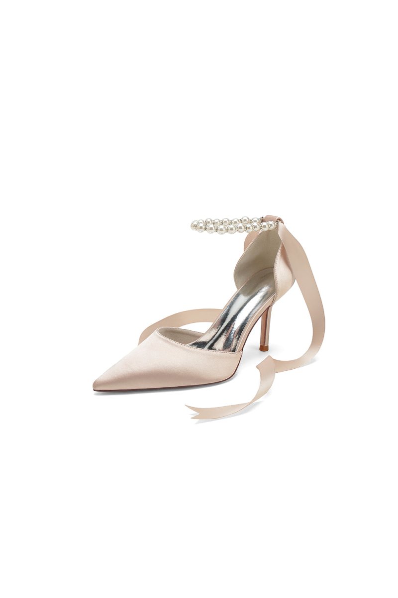 Pointed Toe Pearl Strap Ribbon Tie High Heel - KissProm