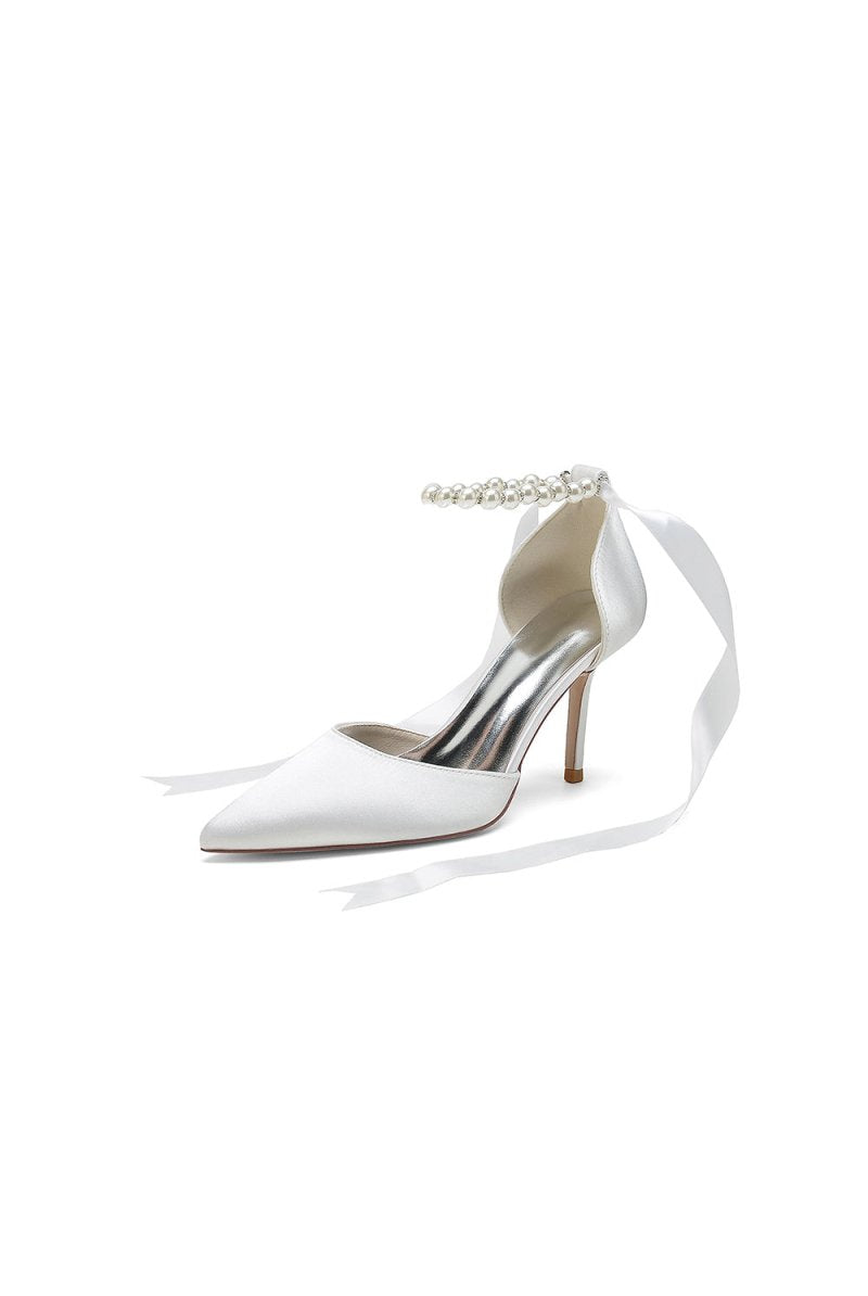 Pointed Toe Pearl Strap Ribbon Tie High Heel - KissProm