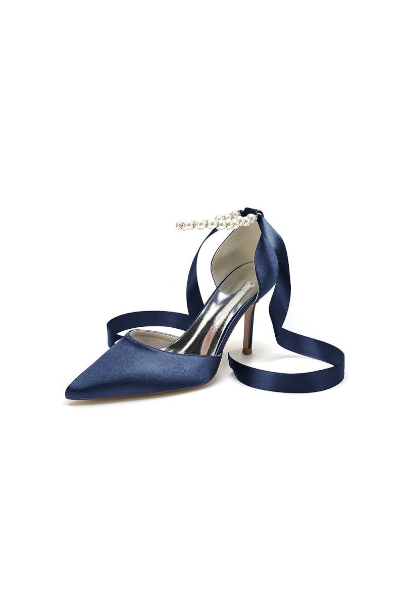 Pointed Toe Pearl Strap Ribbon Tie High Heel - KissProm