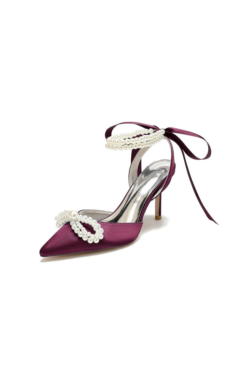 Pointed Toe Pearl Strap with Ribbon Tie - KissProm