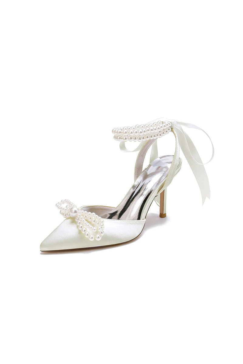 Pointed Toe Pearl Strap with Ribbon Tie - KissProm