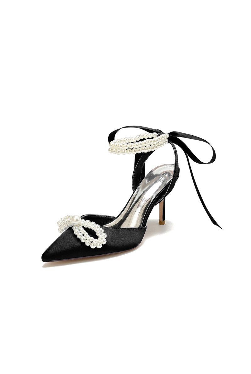 Pointed Toe Pearl Strap with Ribbon Tie - KissProm