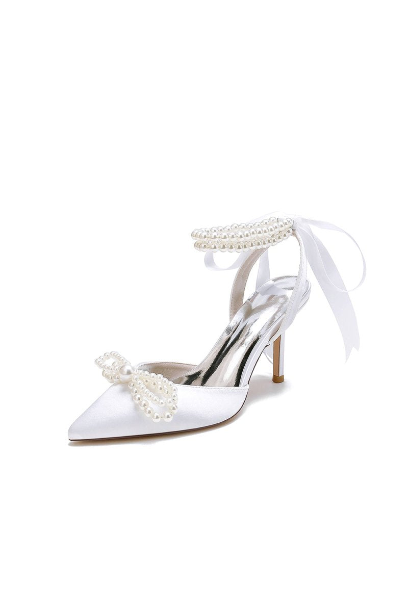 Pointed Toe Pearl Strap with Ribbon Tie - KissProm