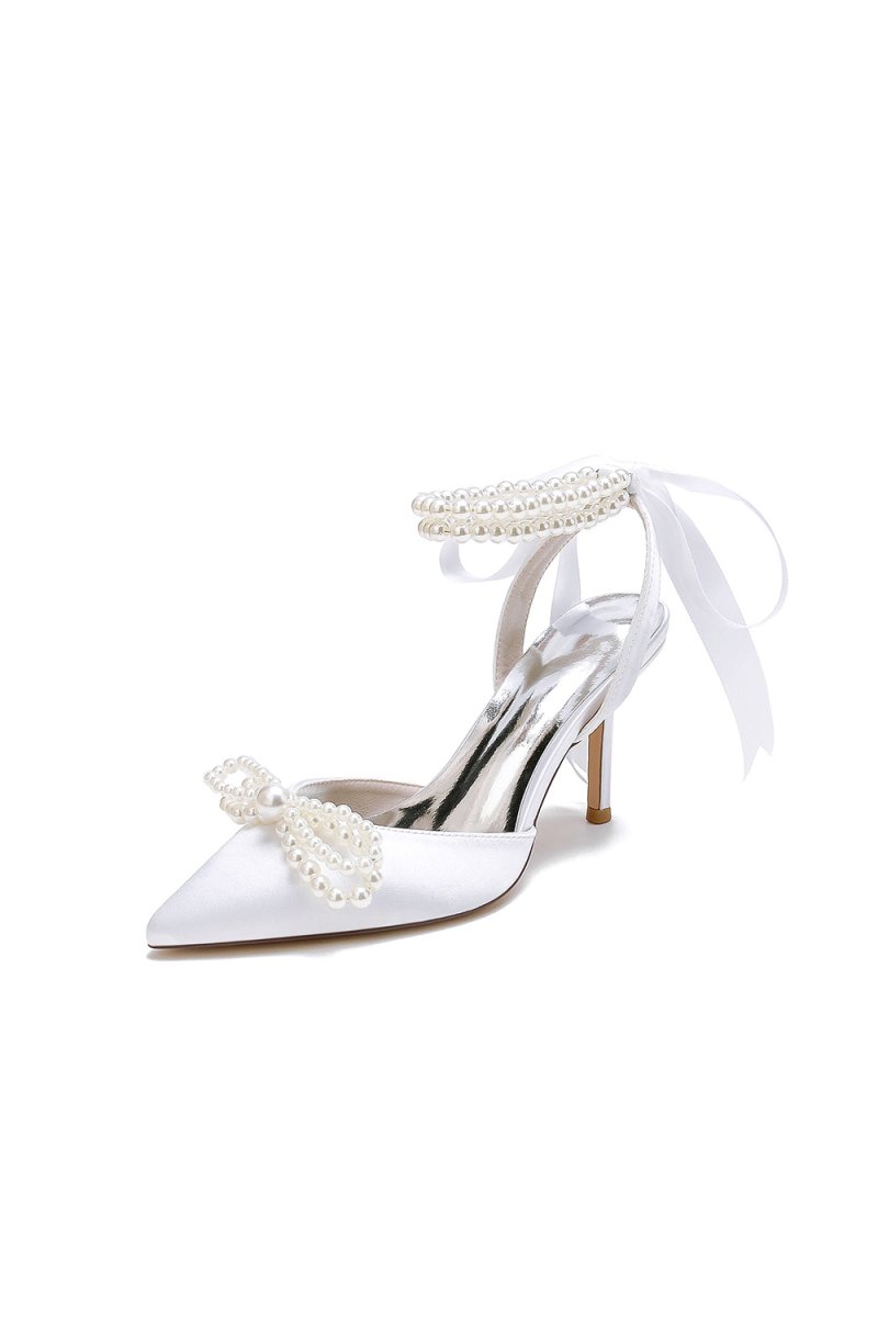 Pointed Toe Pearl Strap with Ribbon Tie - KissProm