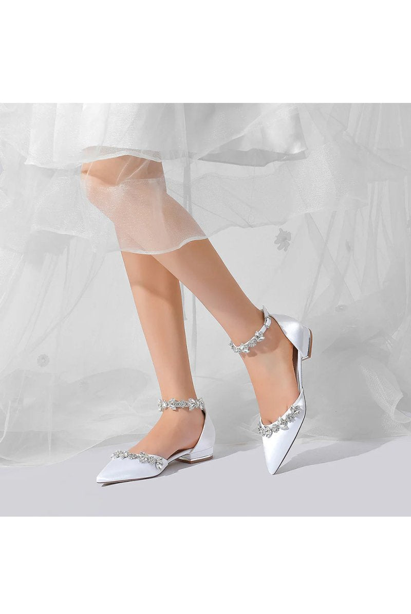 Pointed Toe Rhinestone Beaded Ankle Strap Kitten Heels - KissProm