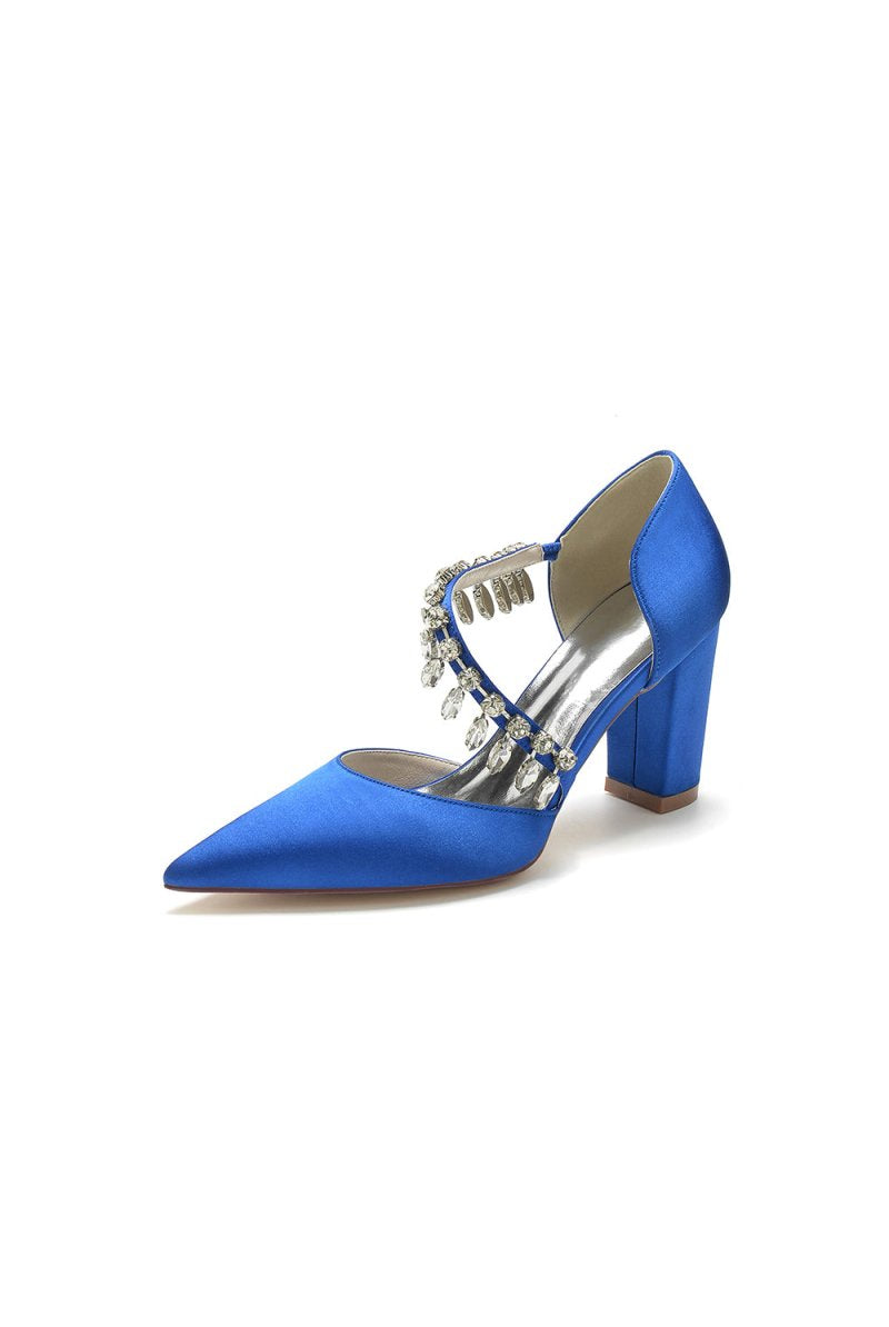 Pointed Toe Rhinestone Tassel Strappy Chunky Heels - KissProm