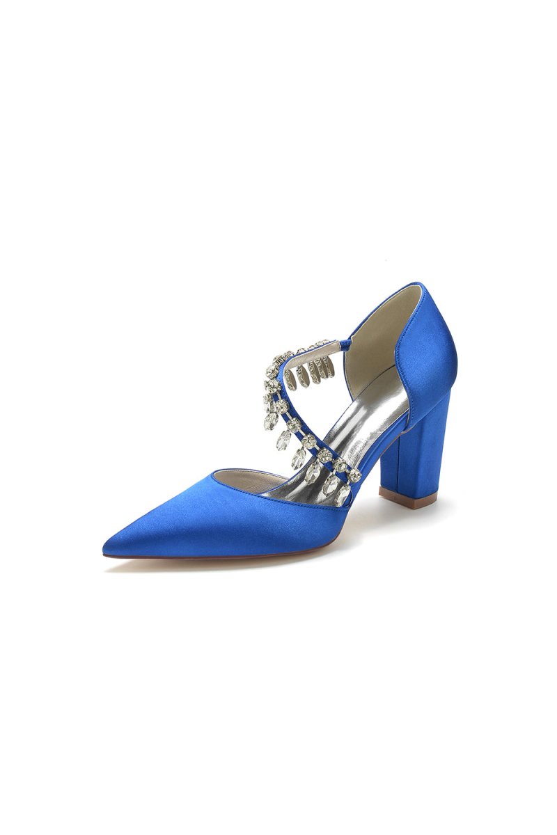 Pointed Toe Rhinestone Tassel Strappy Chunky Heels - KissProm