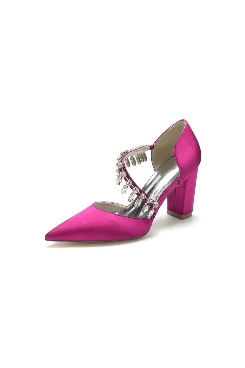 Pointed Toe Rhinestone Tassel Strappy Chunky Heels - KissProm