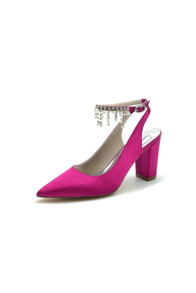 Pointed Toe Satin Chunky Heels With Pearl Tassel - KissProm