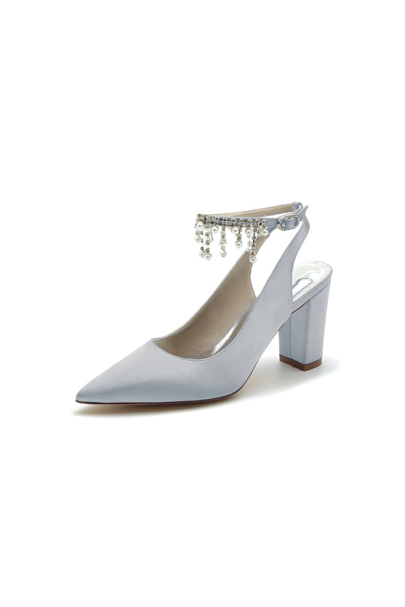 Pointed Toe Satin Chunky Heels With Pearl Tassel - KissProm
