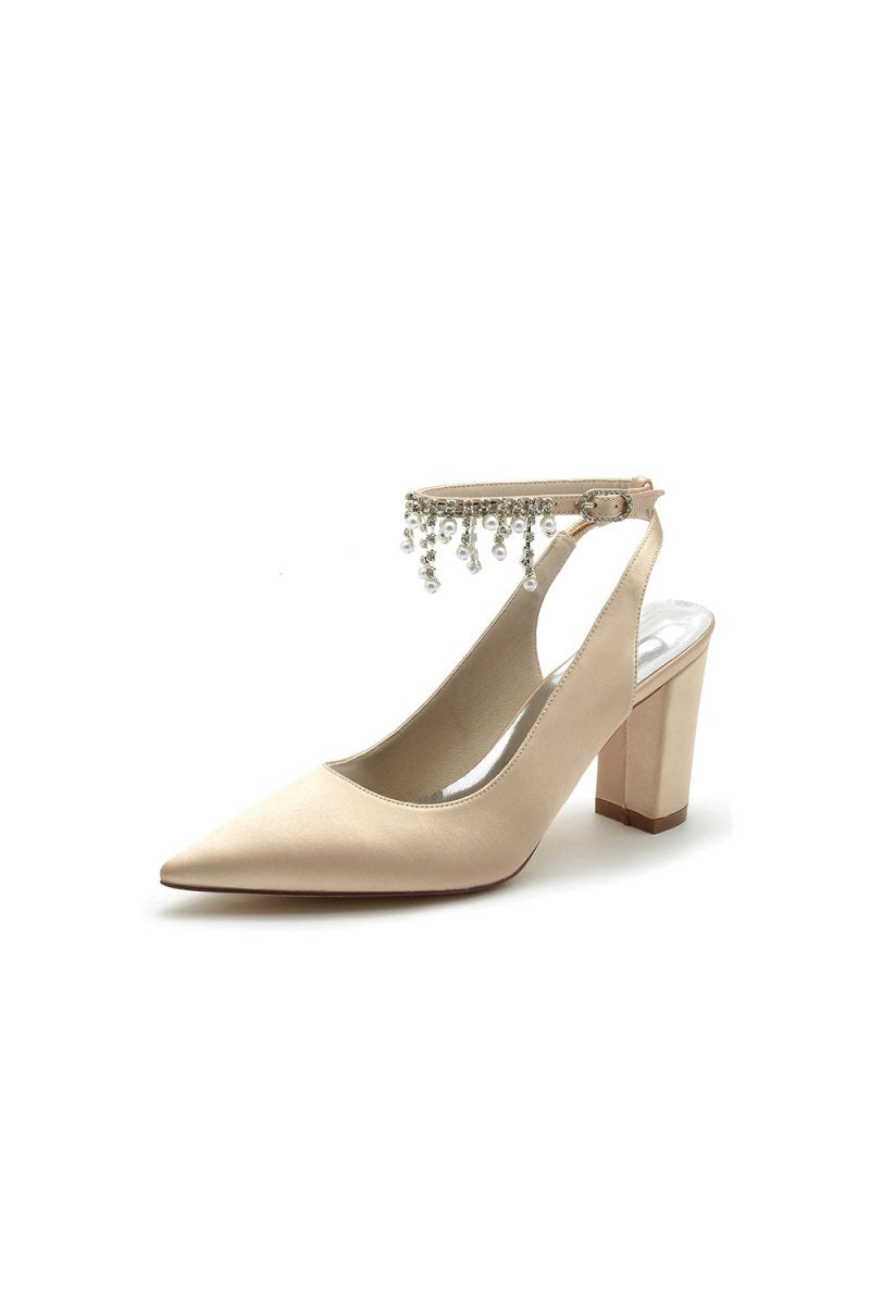 Pointed Toe Satin Chunky Heels With Pearl Tassel - KissProm