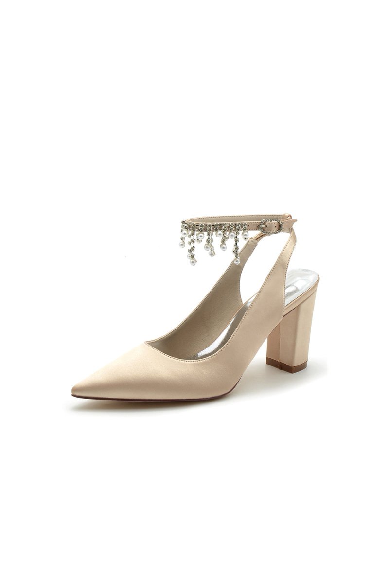 Pointed Toe Satin Chunky Heels With Pearl Tassel - KissProm