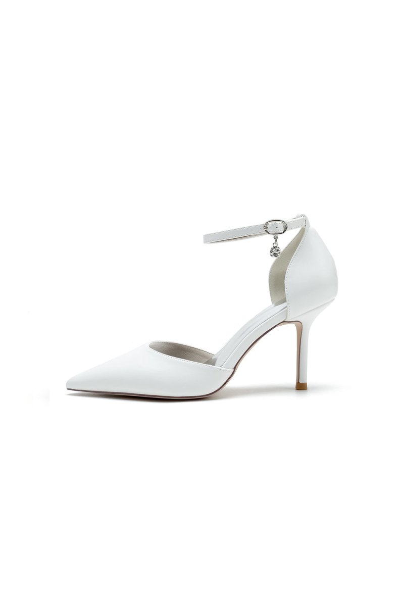 Pointed Toe Sexy Ankle Strap White Satin Wedding Shoes - KissProm