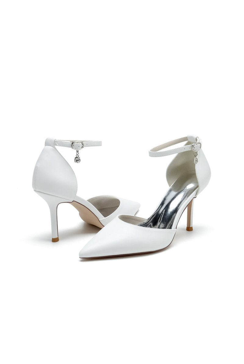 Pointed Toe Sexy Ankle Strap White Satin Wedding Shoes - KissProm