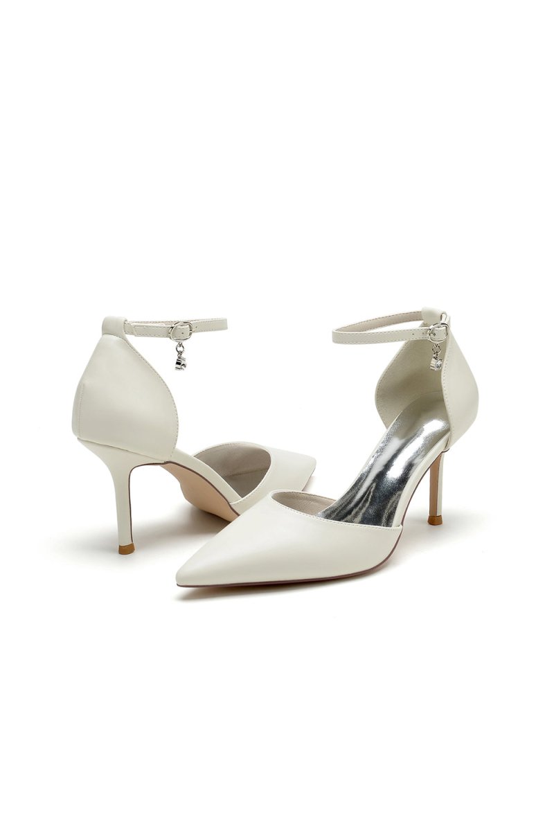 Pointed Toe Sexy Ankle Strap White Satin Wedding Shoes - KissProm