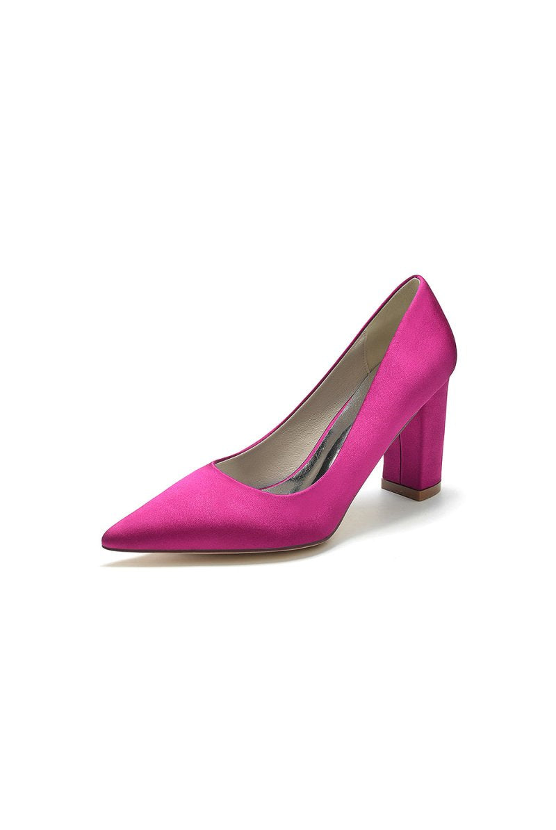 Pointed Toe Slip - on Satin Chunky Heels - KissProm