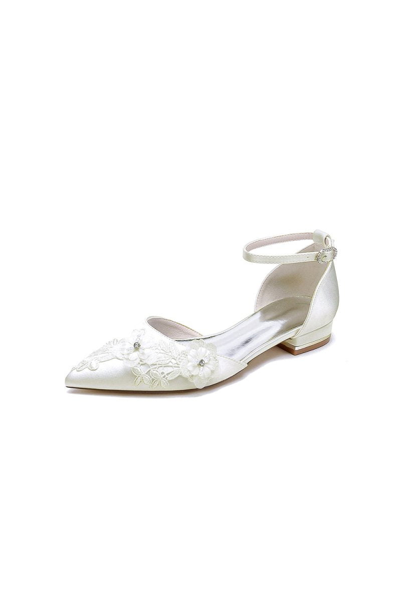 Pointed Toe White Ankle Strap Low Heels with Lace - KissProm