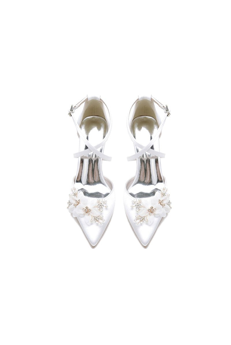 Pointed Toe White Chunky Heels with Flower - KissProm