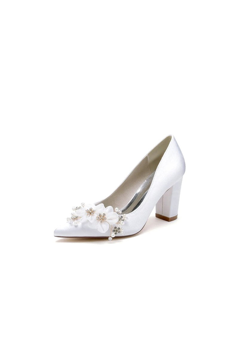 Pointed Toe White Rhinestone Chunky Heels with Flower - KissProm