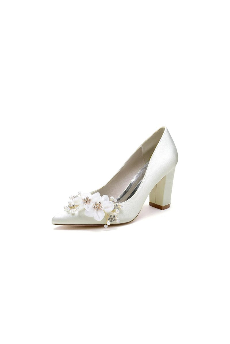 Pointed Toe White Rhinestone Chunky Heels with Flower - KissProm