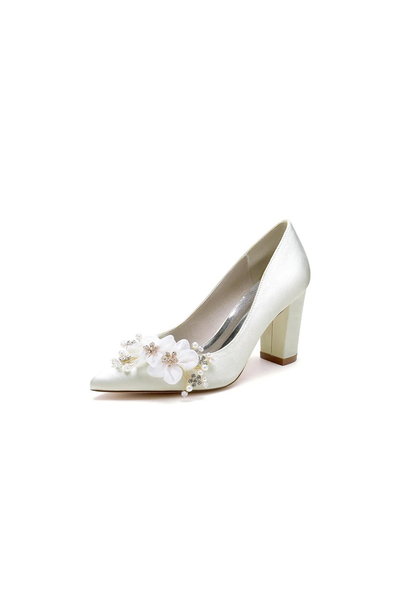 Pointed Toe White Rhinestone Chunky Heels with Flower - KissProm