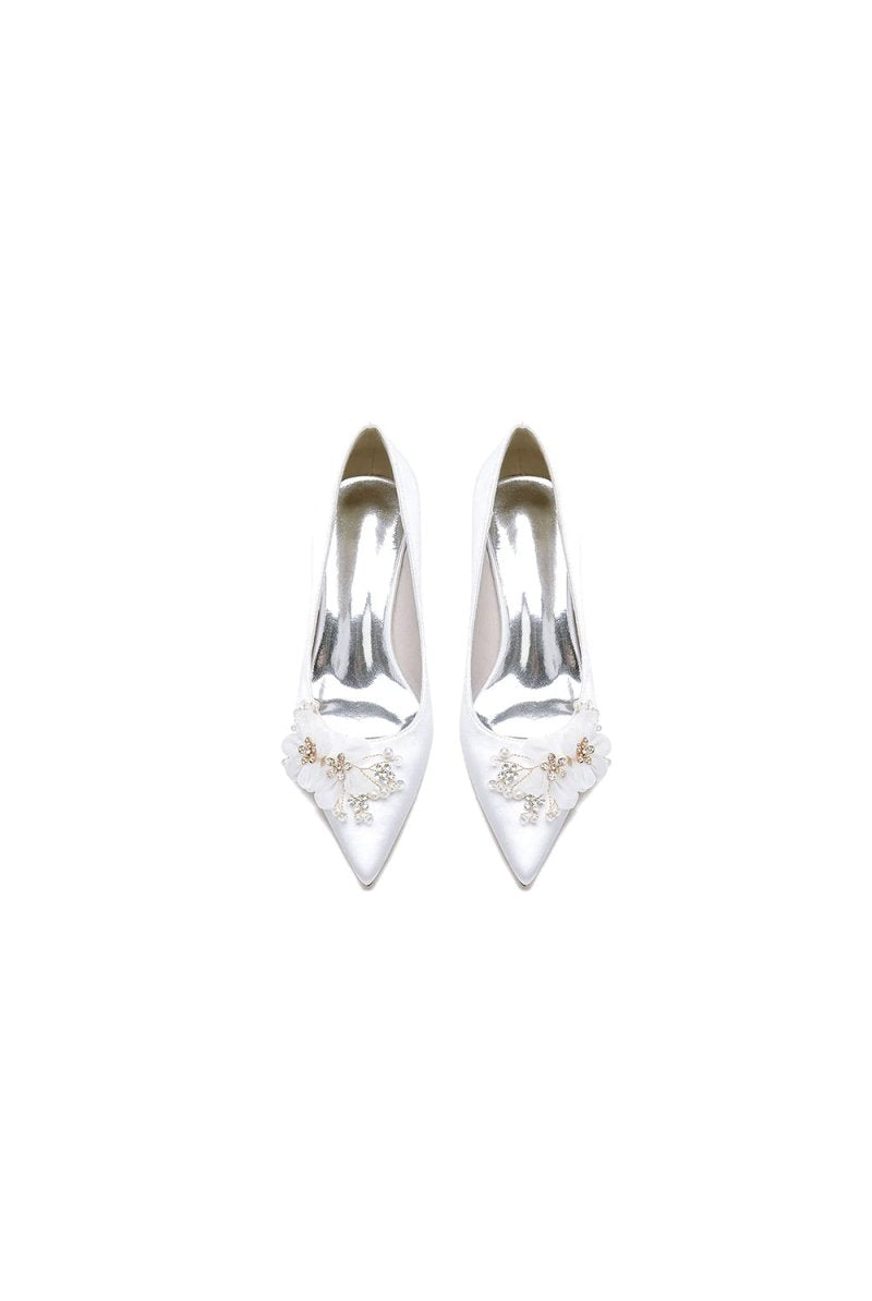 Pointed Toe White Rhinestone Chunky Heels with Flower - KissProm