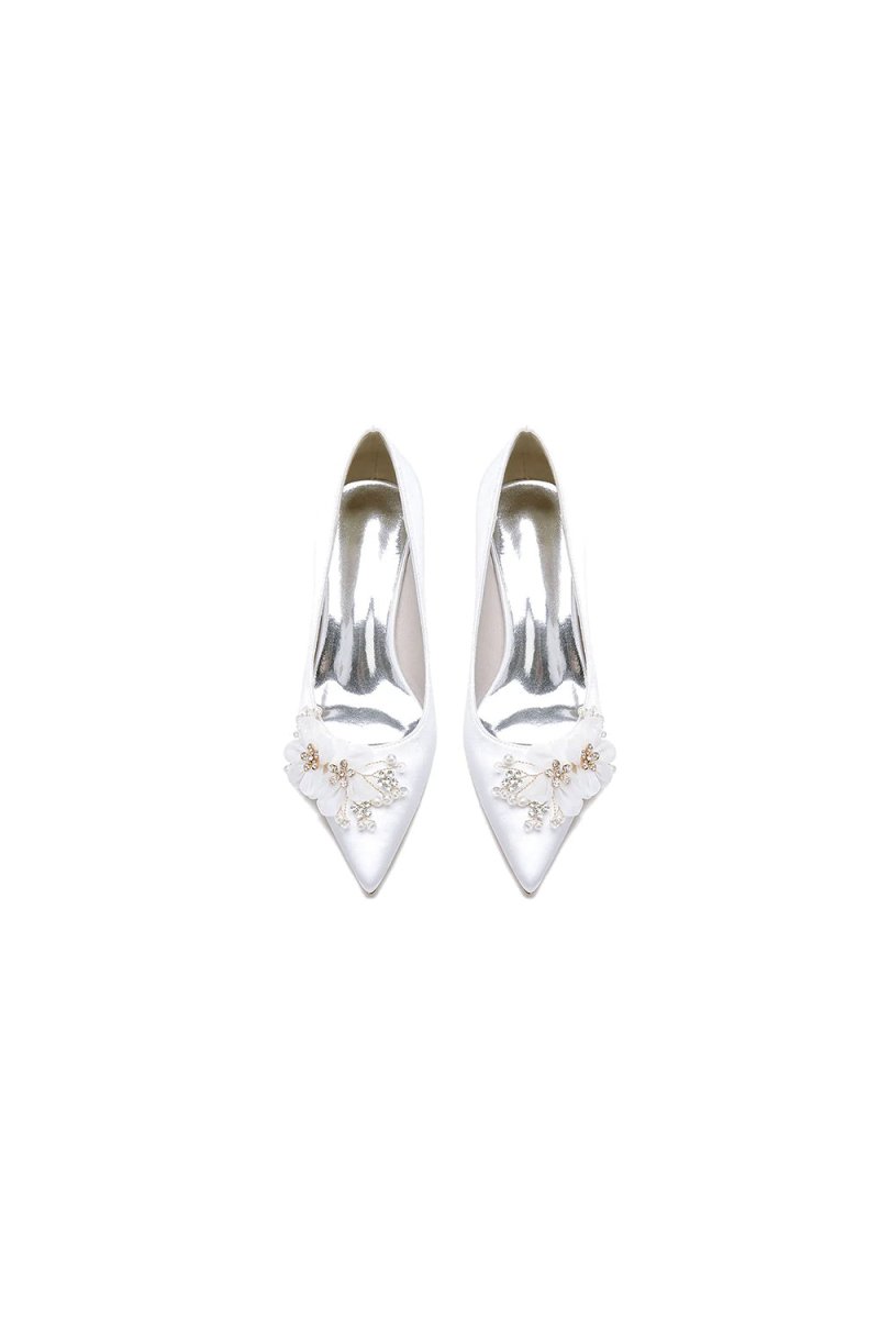 Pointed Toe White Rhinestone Chunky Heels with Flower - KissProm
