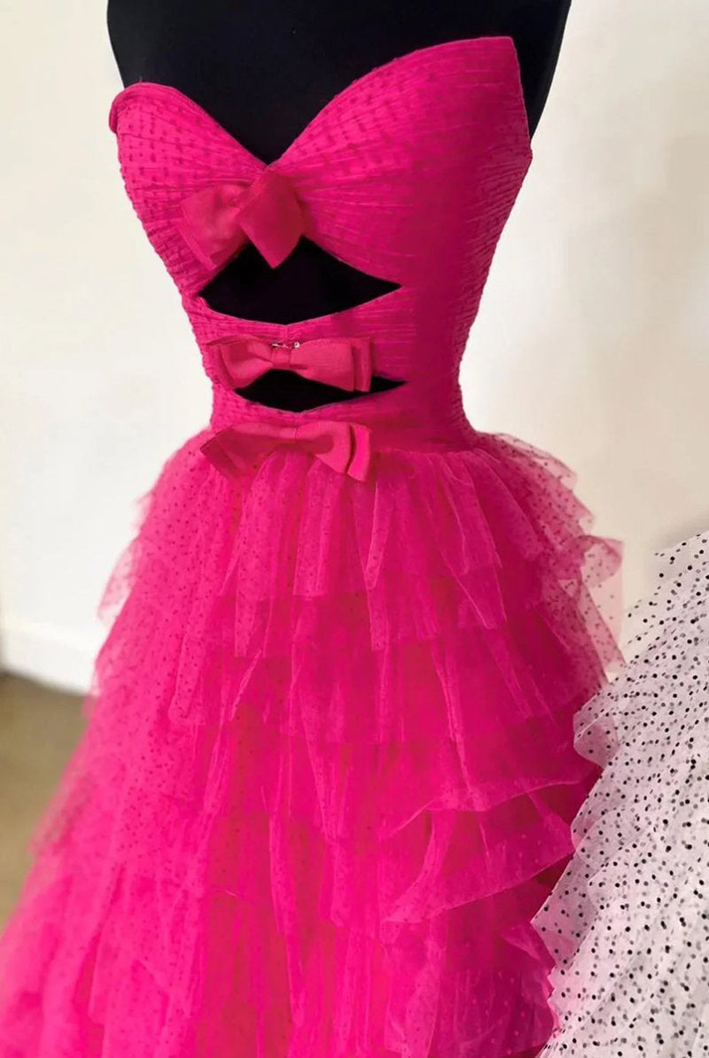 Polka Dot Strapless Ruffle Tiered Prom Gown with Keyholes