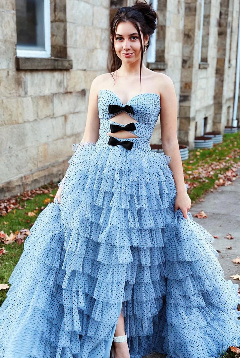 Polka Dot Strapless Ruffle Tiered Prom Gown with Keyholes