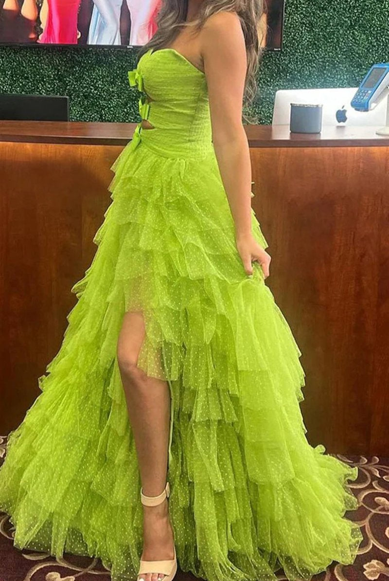 Polka Dot Strapless Ruffle Tiered Prom Gown with Keyholes