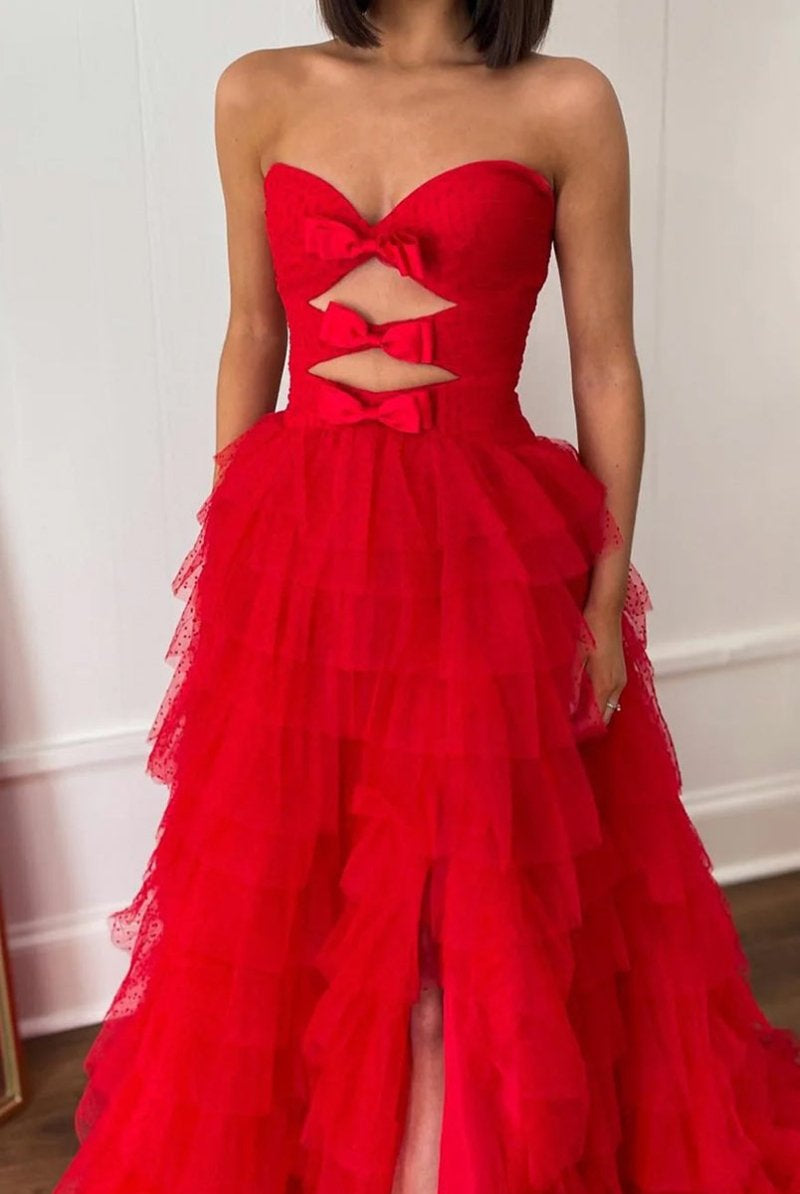 Polka Dot Strapless Ruffle Tiered Prom Gown with Keyholes