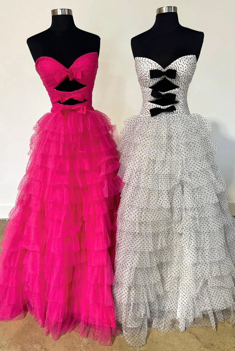 Polka Dot Strapless Ruffle Tiered Prom Gown with Keyholes