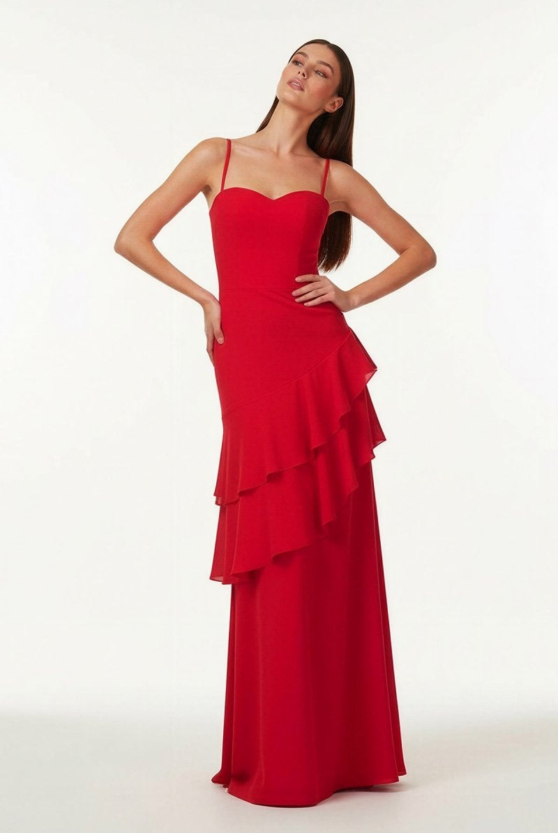 Posie | Red - Sheath Spaghetti Straps Chiffon Long Prom Dresses with Ruffles - KissProm
