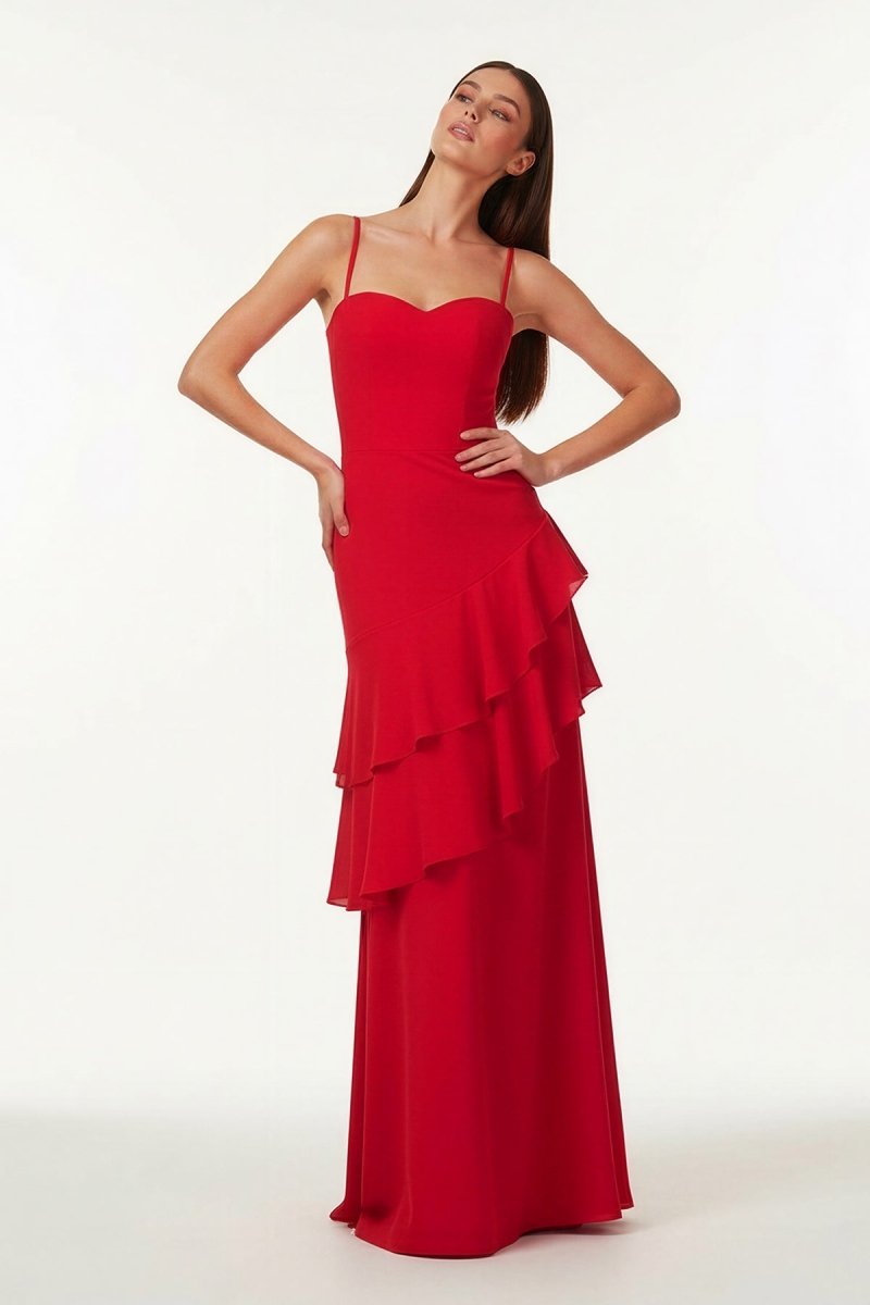 Posie | Red - Sheath Spaghetti Straps Chiffon Long Prom Dresses with Ruffles - KissProm