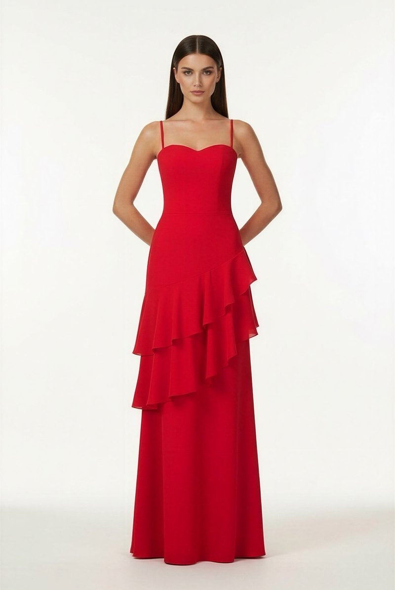 Posie | Red - Sheath Spaghetti Straps Chiffon Long Prom Dresses with Ruffles - KissProm