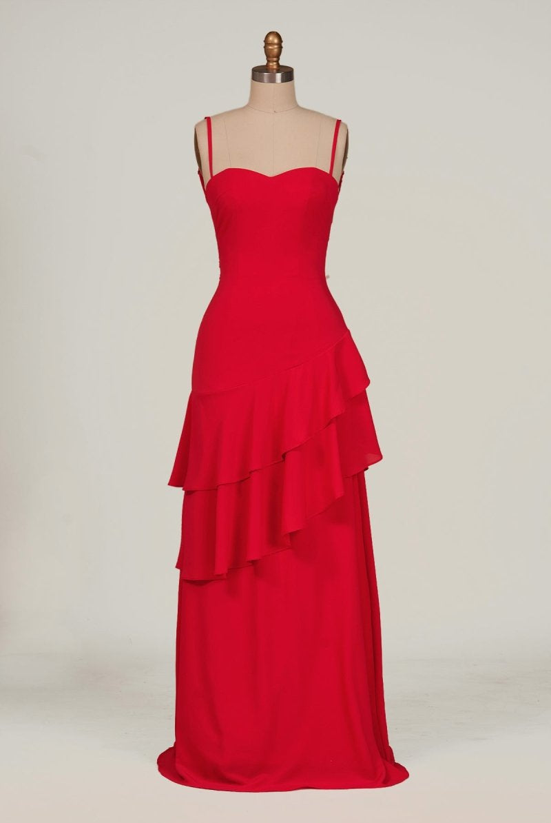 Posie | Red - Sheath Spaghetti Straps Chiffon Long Prom Dresses with Ruffles - KissProm