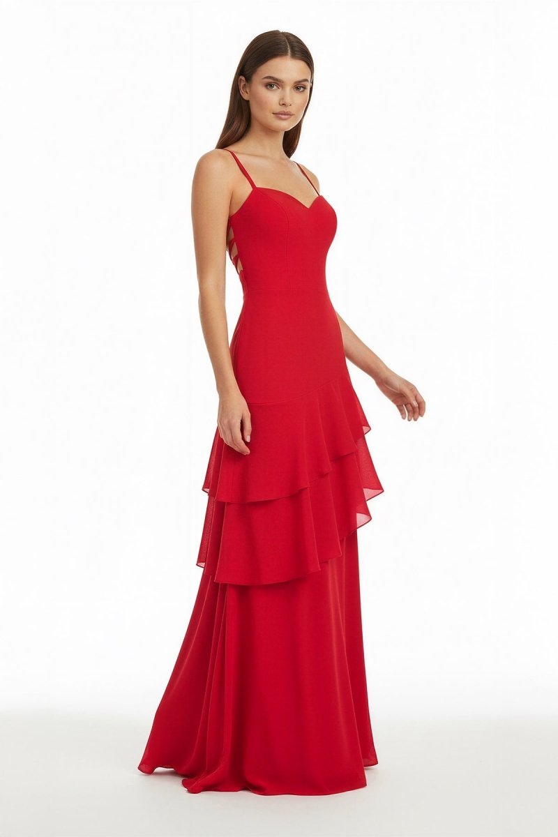 Posie | Red - Sheath Spaghetti Straps Chiffon Long Prom Dresses with Ruffles - KissProm