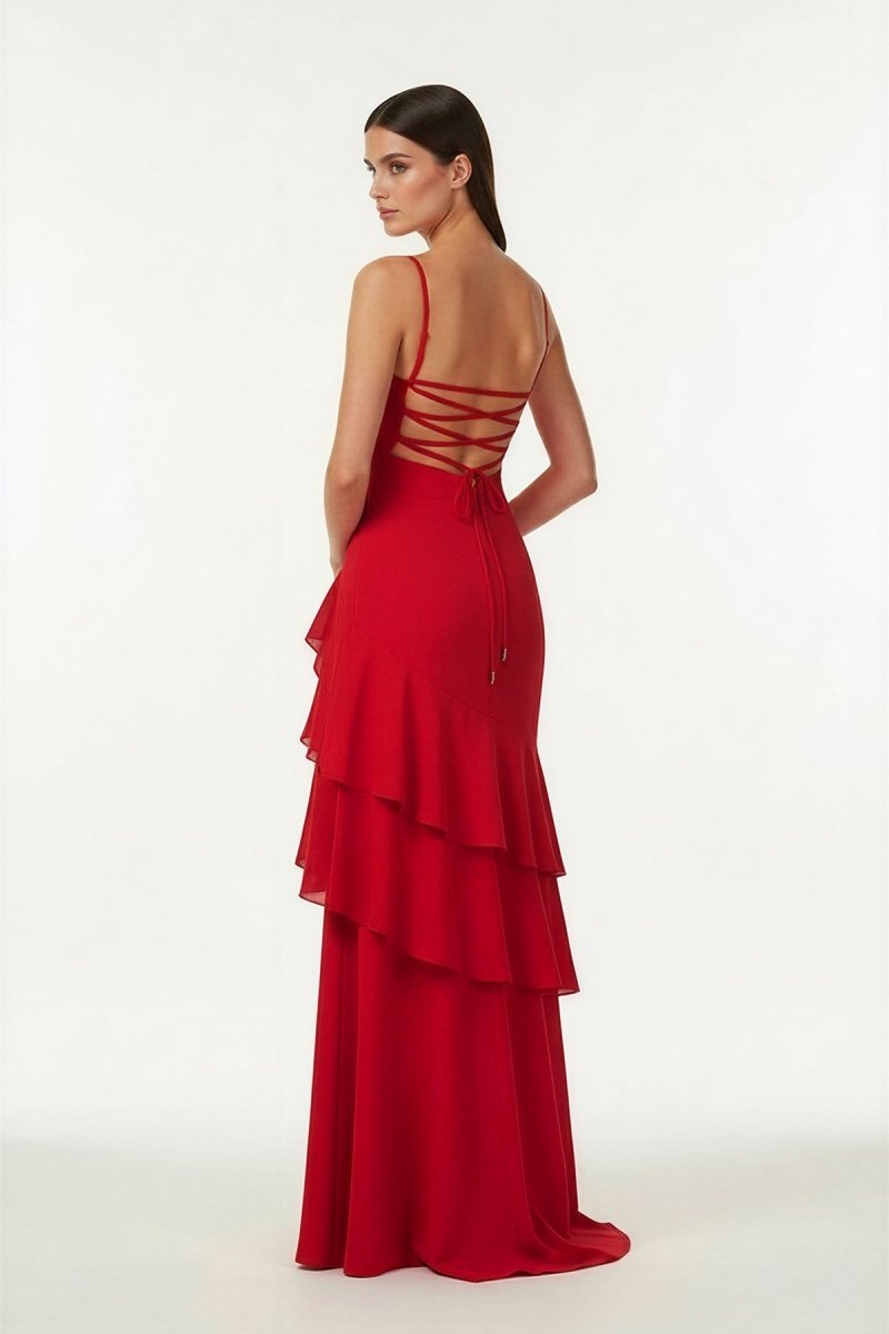 Posie | Red - Sheath Spaghetti Straps Chiffon Long Prom Dresses with Ruffles - KissProm