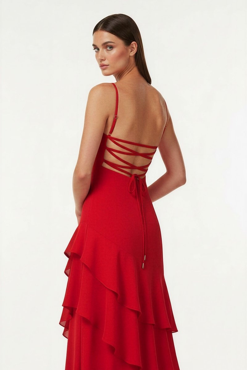 Posie | Red - Sheath Spaghetti Straps Chiffon Long Prom Dresses with Ruffles - KissProm