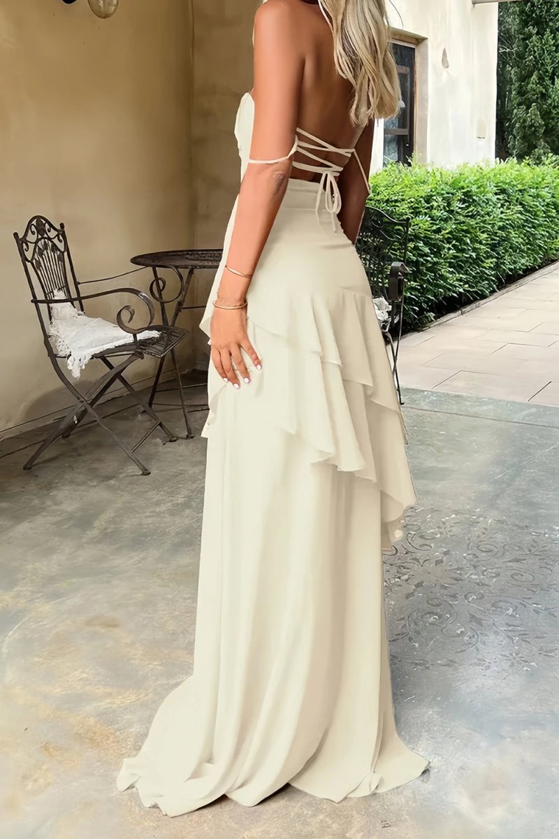 Posie | Yellow - Sheath Spaghetti Straps Chiffon Long Prom Dresses with Ruffles - KissProm