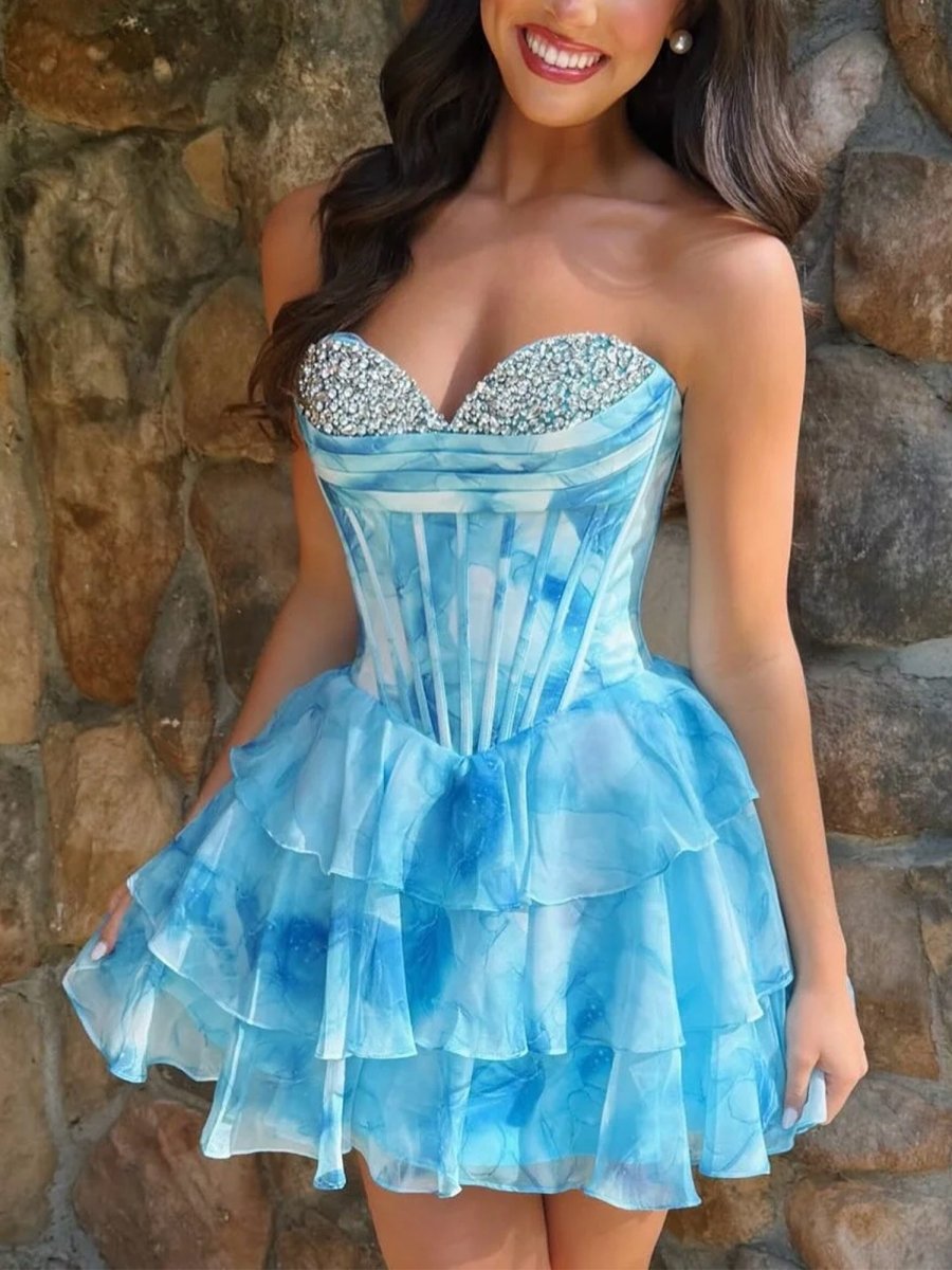 Praelia | Blue - Strapless A Line Chiffon Tiered Homecoming Dress With Beading