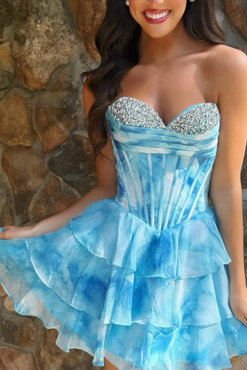 Praelia | Blue - Strapless A Line Chiffon Tiered Homecoming Dress With Beading