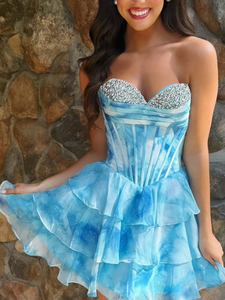 Praelia | Blue - Strapless A Line Chiffon Tiered Homecoming Dress With Beading