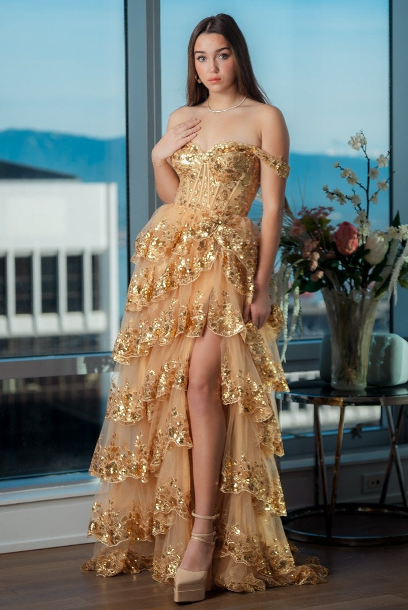 KissProm-Capri Gold A-Line Lace Off-The-Shoulder Tiered Long Prom Dress With Slit