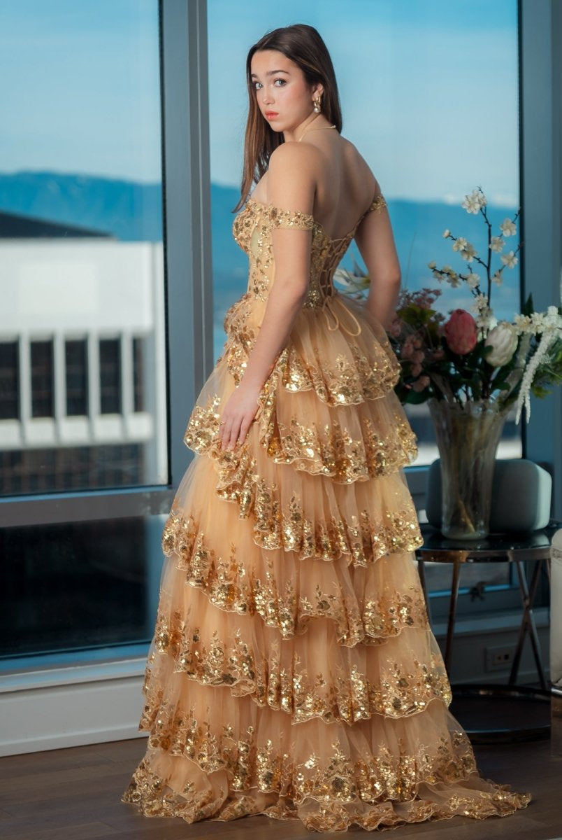 KissProm-Capri Gold A-Line Lace Off-The-Shoulder Tiered Long Prom Dress With Slit