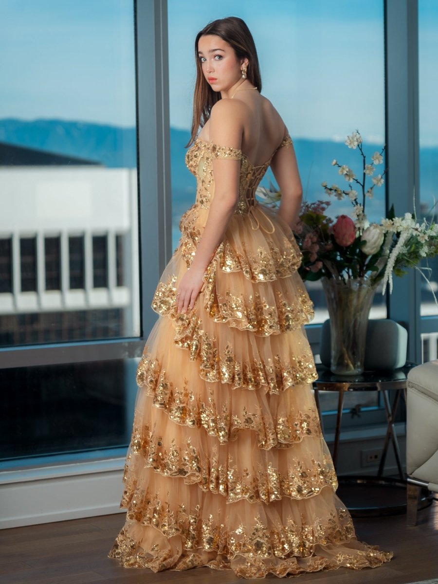 KissProm-Capri Gold A-Line Lace Off-The-Shoulder Tiered Long Prom Dress With Slit