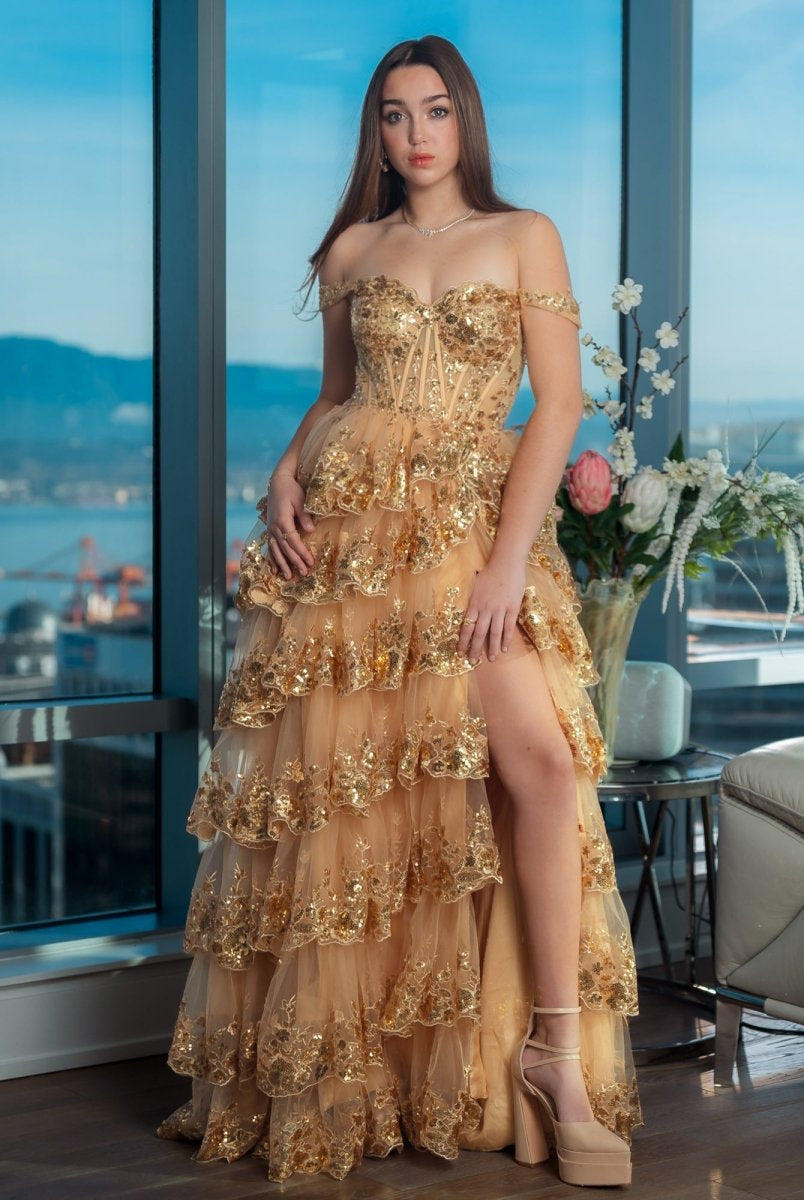 KissProm-Capri Gold A-Line Lace Off-The-Shoulder Tiered Long Prom Dress With Slit