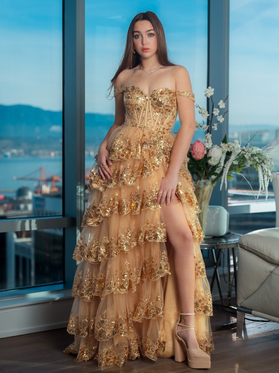 KissProm-Capri Gold A-Line Lace Off-The-Shoulder Tiered Long Prom Dress With Slit