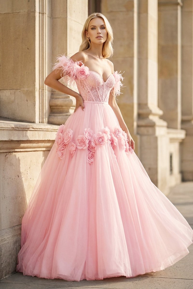 open lace back dress CALI PINK PRINCESS A-LINE OFF THE SHOULDER LACE TULLE PROM DRESS