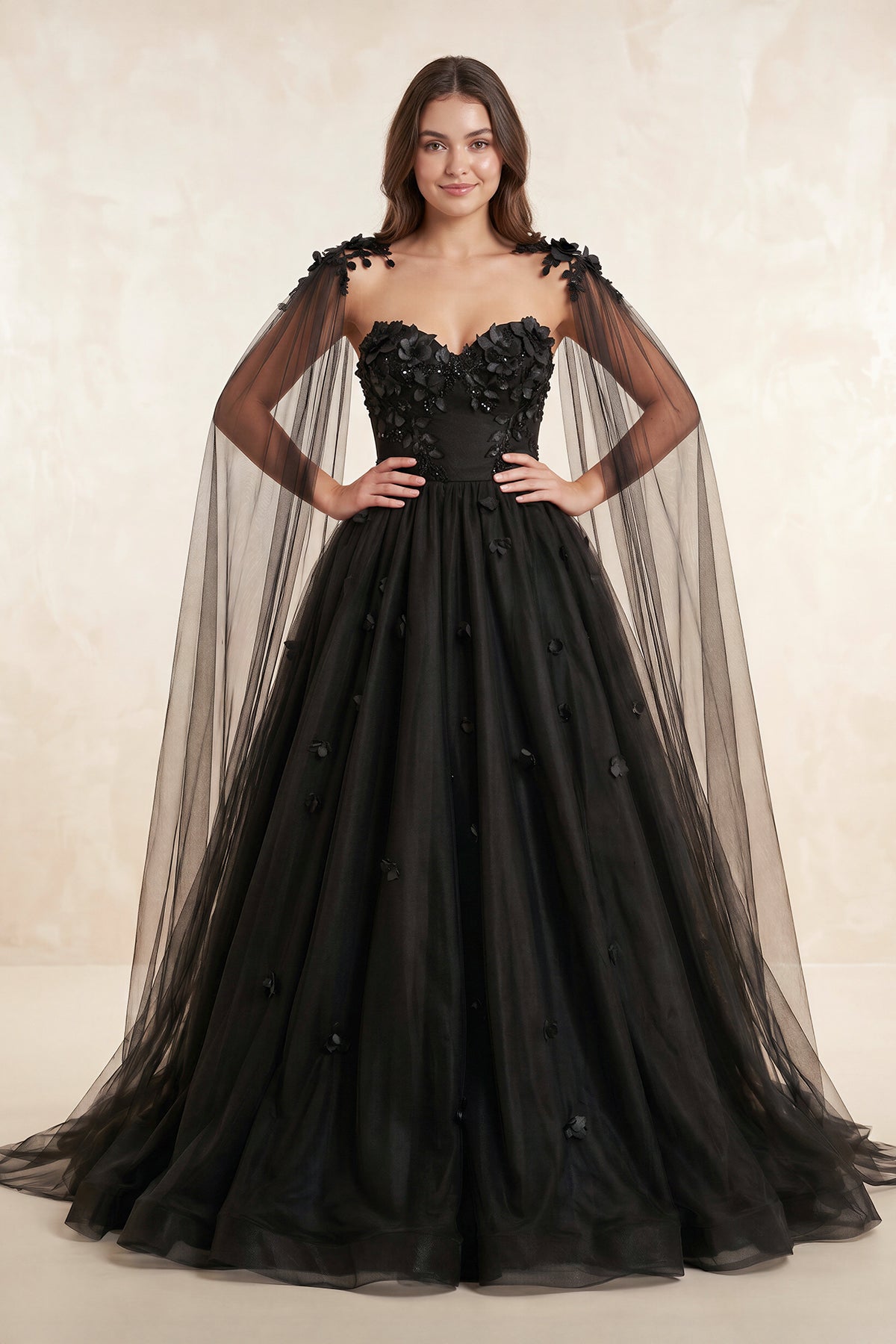 Gown Black Gothic Wedding Dress 3D Flowers Tulle With Cape